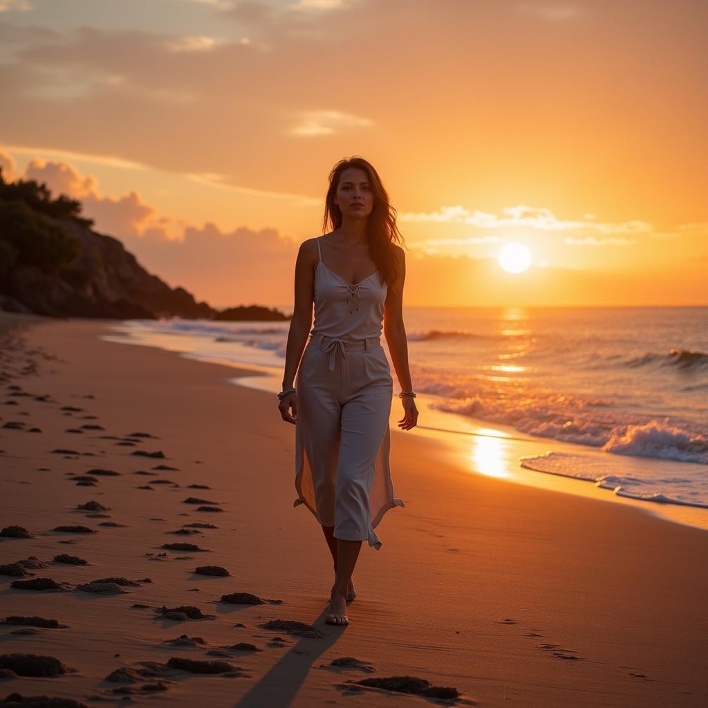 Woman confidently walking on beach at sunset