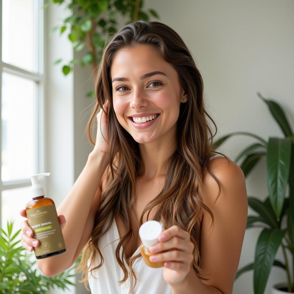 Woman washing her hair with soy free shampoo