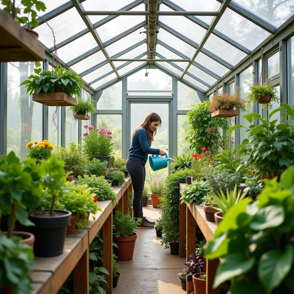 A woman tending to her plants in a spacious and well-lit free-standing greenhouse.