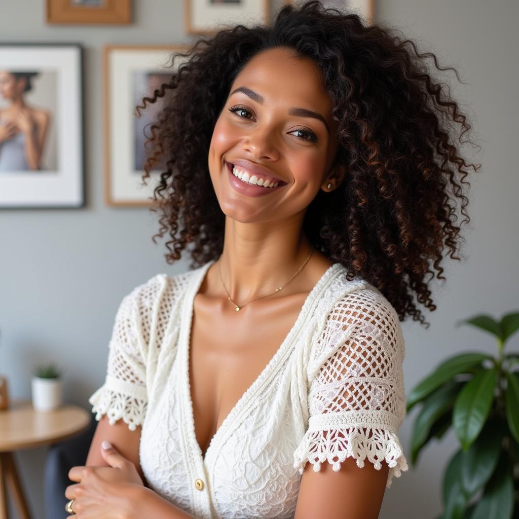 Woman wearing a crochet blouse she made