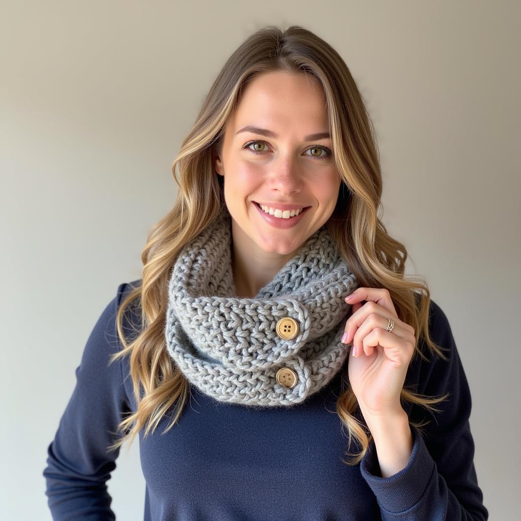 Woman Wearing Finished Button Cowl