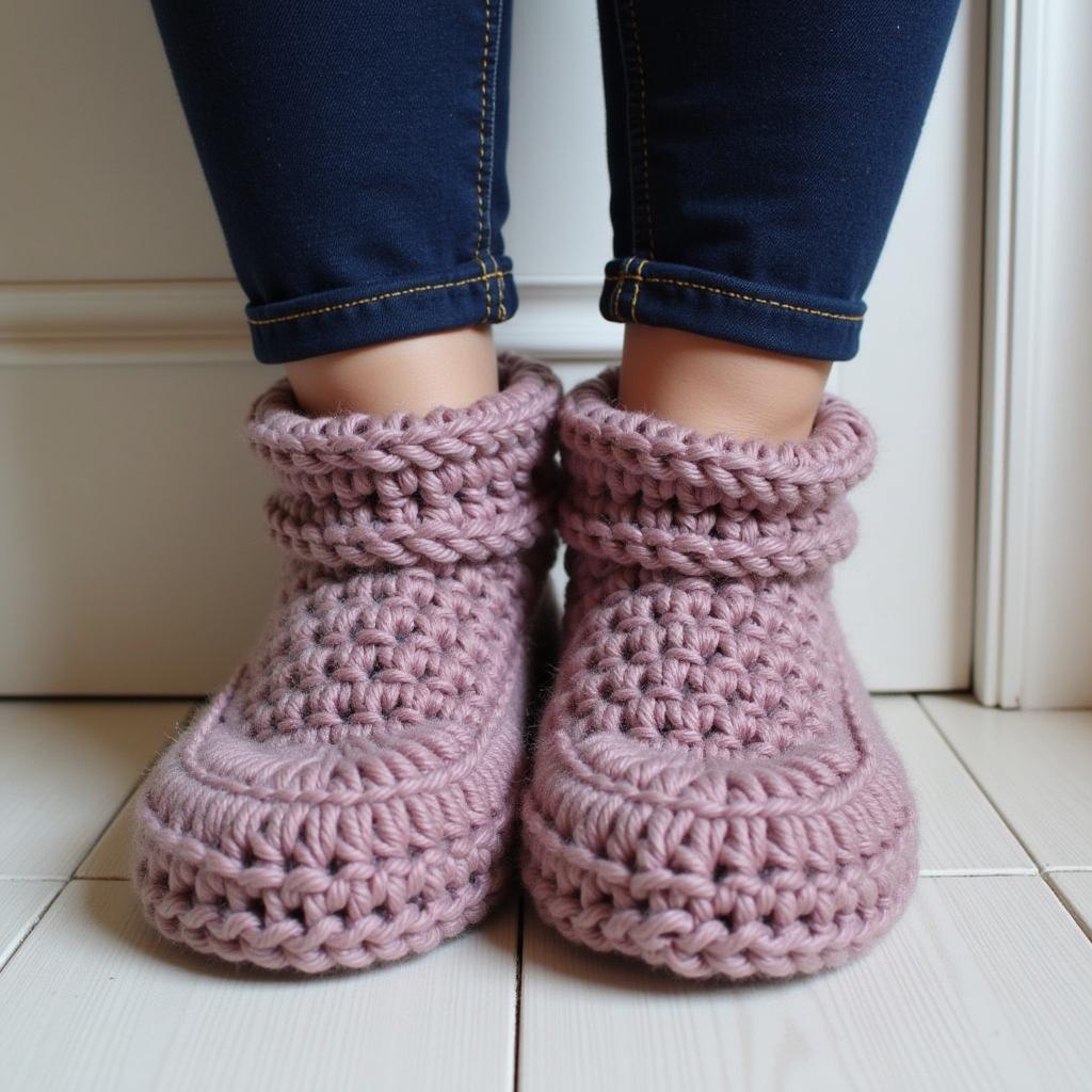 Display of finished crochet booties being worn by a person