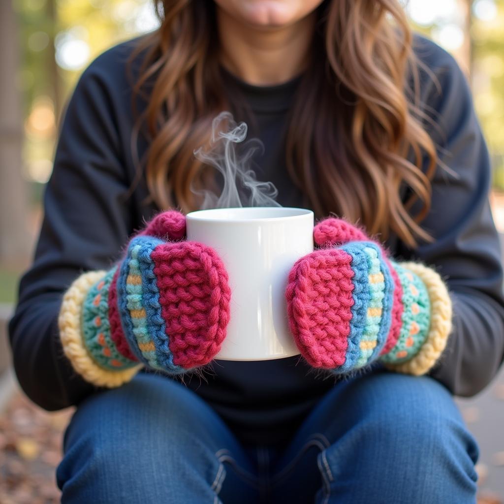 A woman enjoying a warm drink while wearing her hand-knitted flip top mittens.