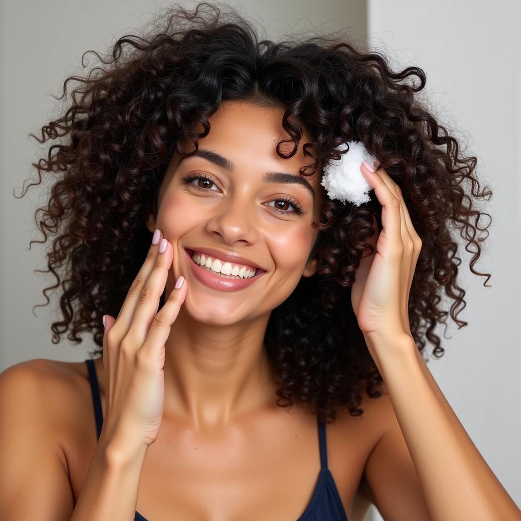 Woman applying scent-free mousse to her curly hair