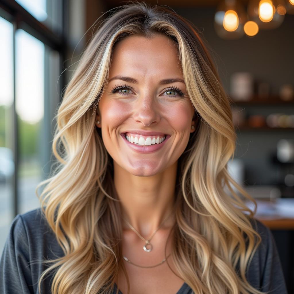 Confident woman with hair extensions smiling at the camera