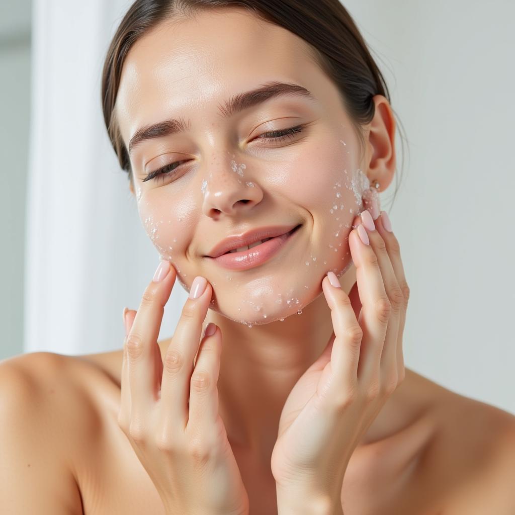 Woman with sensitive skin gently washing her face with fragrance free soap and water.