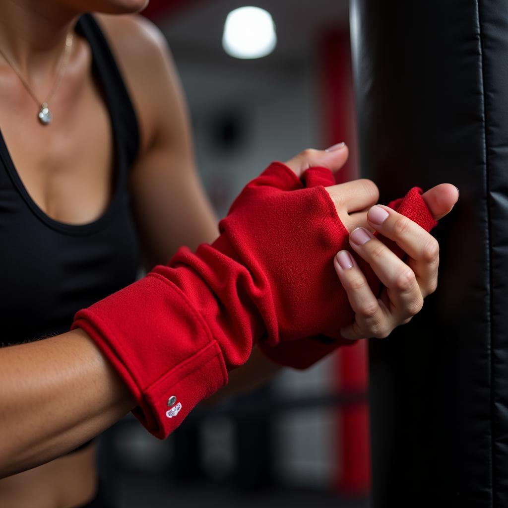 A woman wraps her hands with boxing wraps in preparation for a kickboxing workout.