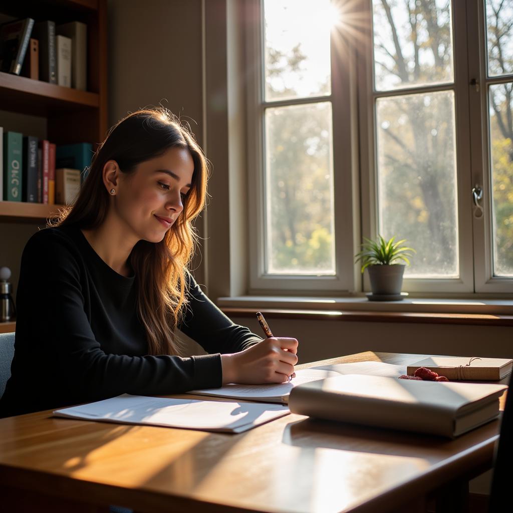 Woman writing in a notebook at a desk bathed in natural light