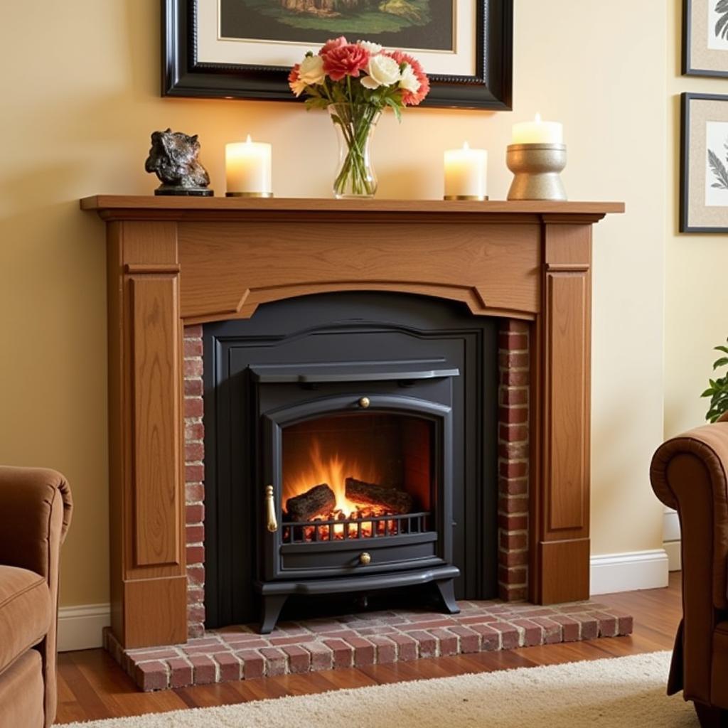 A traditional wood-burning free-standing fireplace in a cozy living room