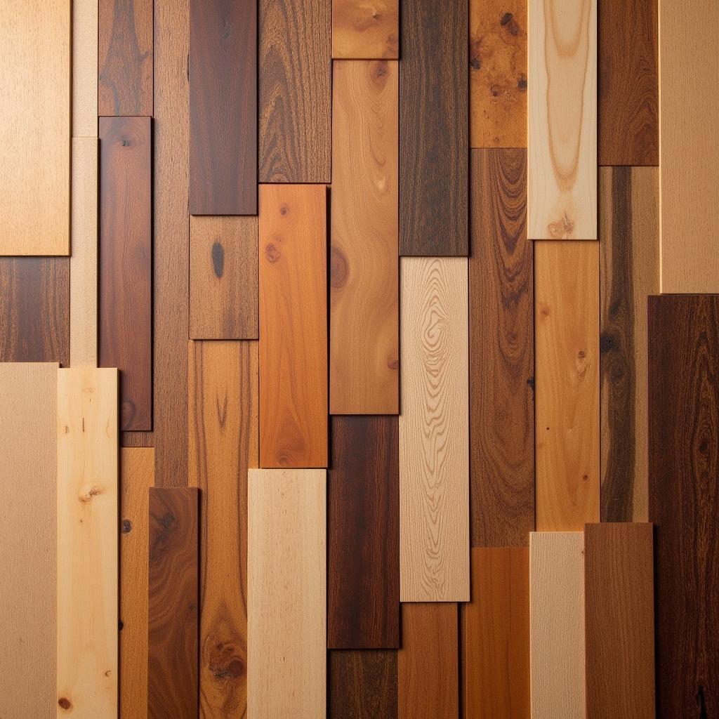 A variety of wood samples showcasing different species and finishes.