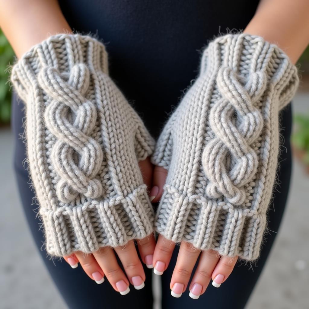 Pair of woolen mittens with a cable knit design.