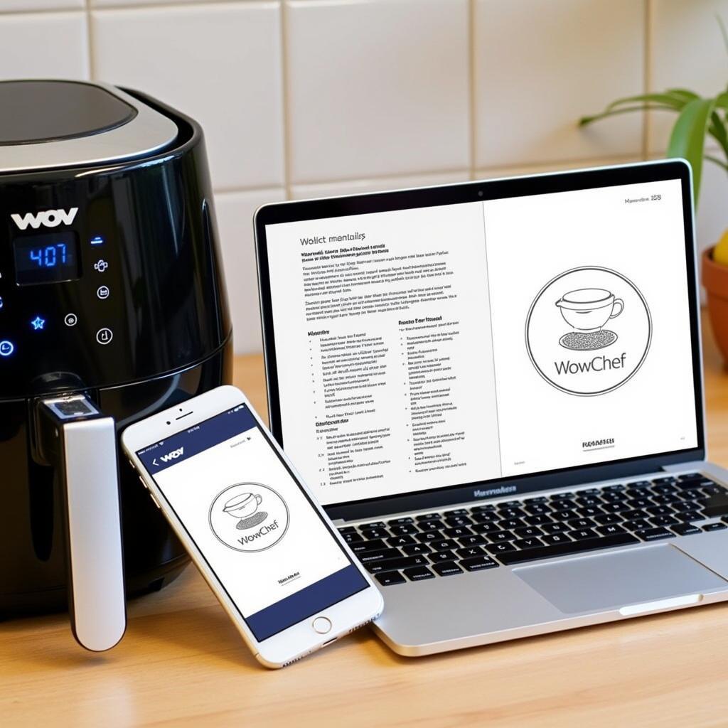 Viewing the WowChef air fryer manual on various digital devices.