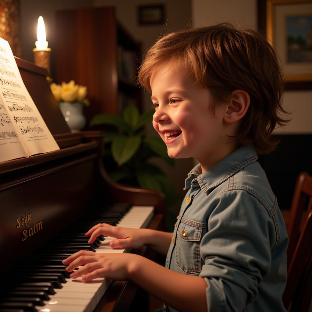 Young Pianist Playing "Linus and Lucy" with Enthusiasm