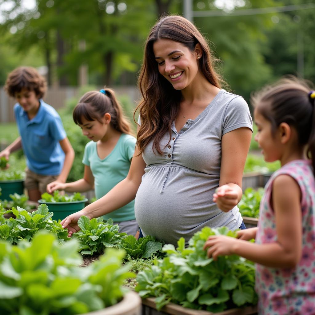 Young widow harvesting fruits and vegetables in a community garden