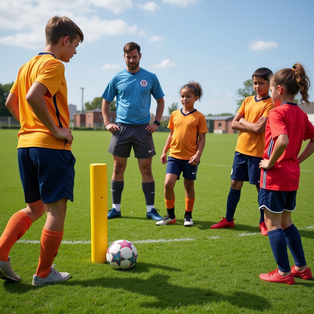 Young soccer players learning free kick techniques with a dummy