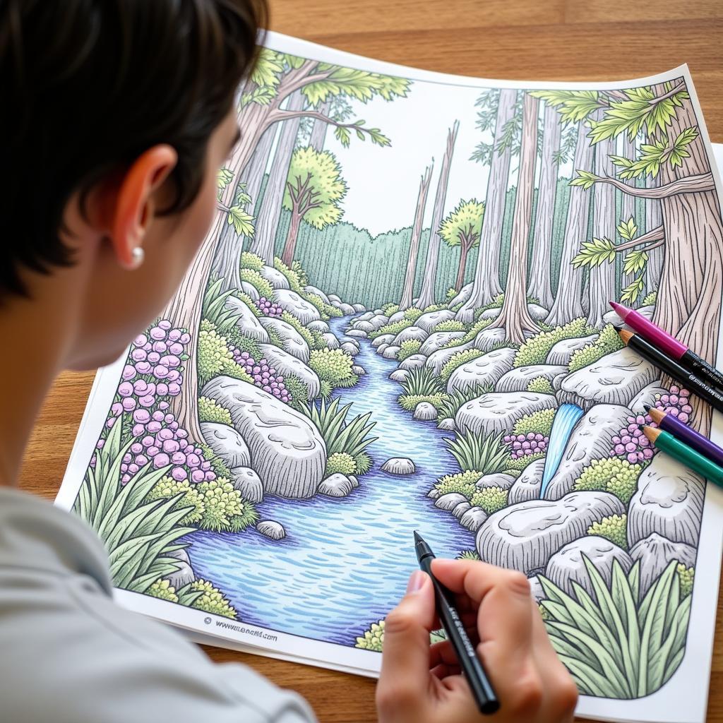 Adult Coloring a Detailed Fantasy Landscape