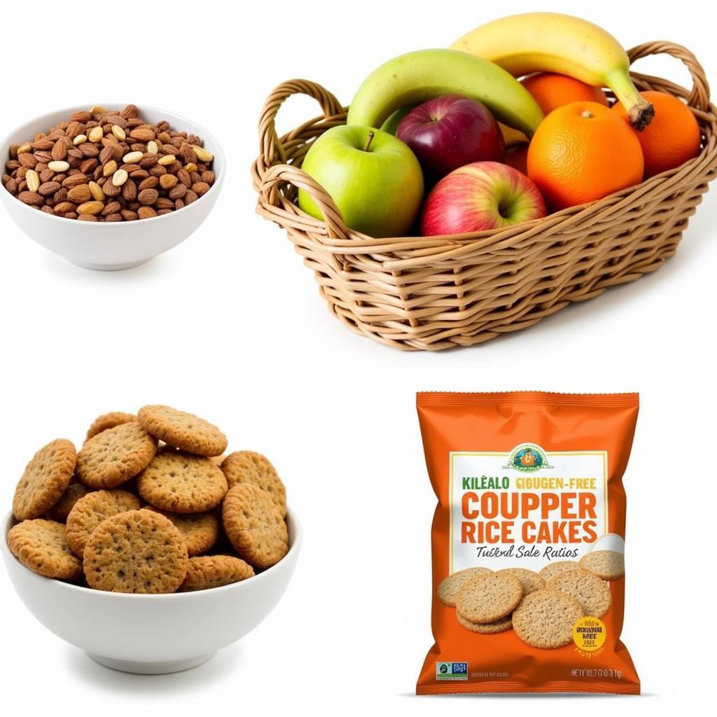 A bowl of mixed nuts and seeds, a basket of fresh fruit, and a bag of gluten-free rice cakes.