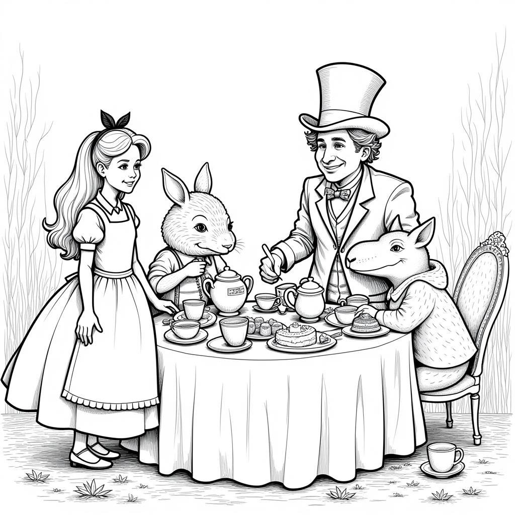 Alice and the Mad Hatter Tea Party Coloring Page