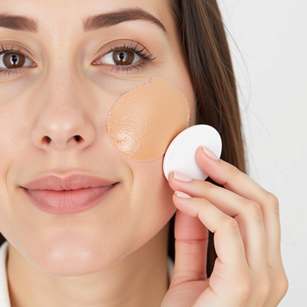 A woman applying tinted moisturizer to her face with a makeup sponge.