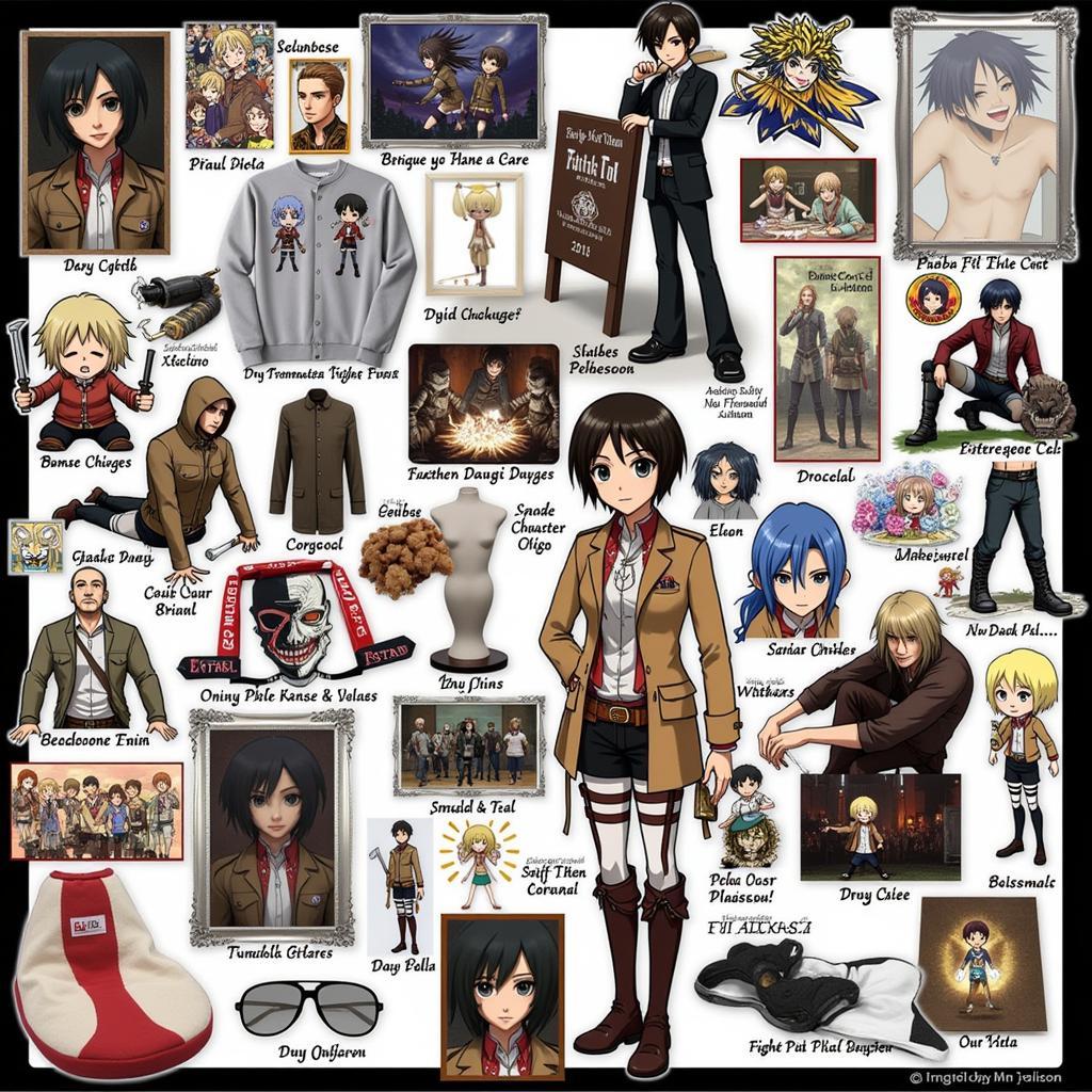 Images showcasing Attack on Titan merchandise, cosplay, and fan art, demonstrating the series' widespread cultural influence.