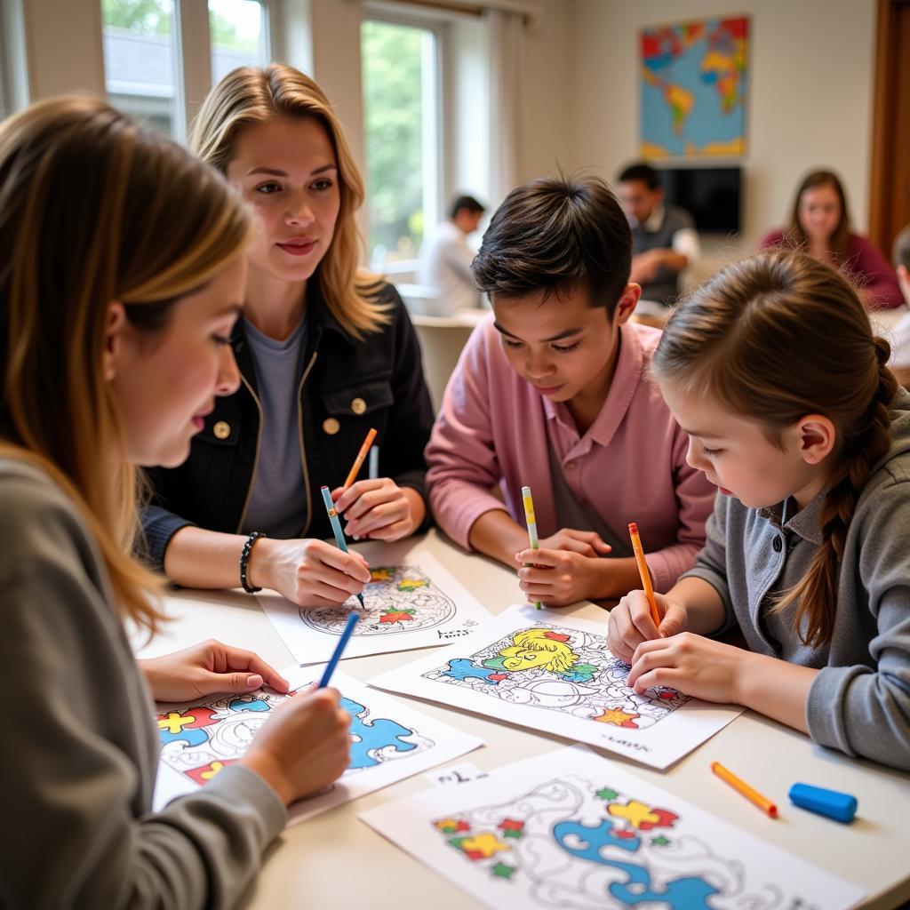 Adults engaging with autism acceptance coloring books