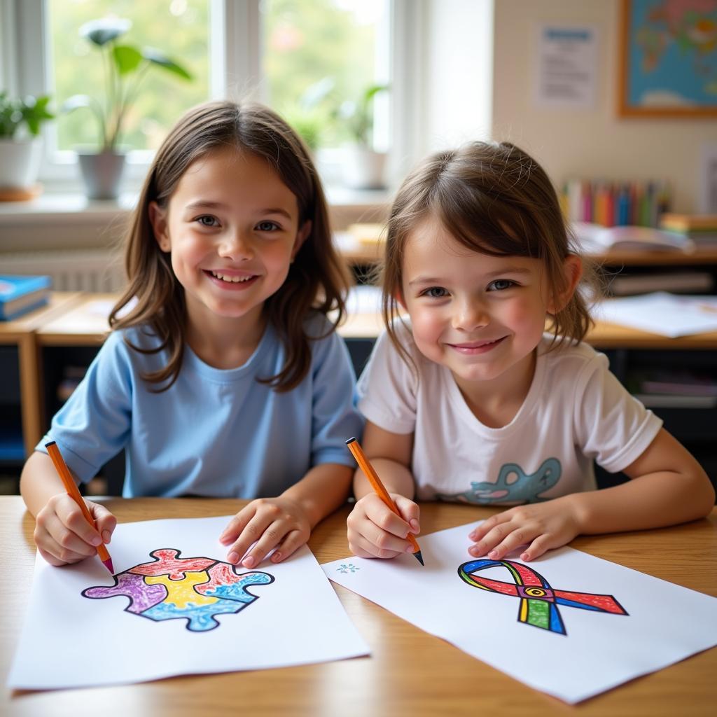 Children coloring autism awareness pages