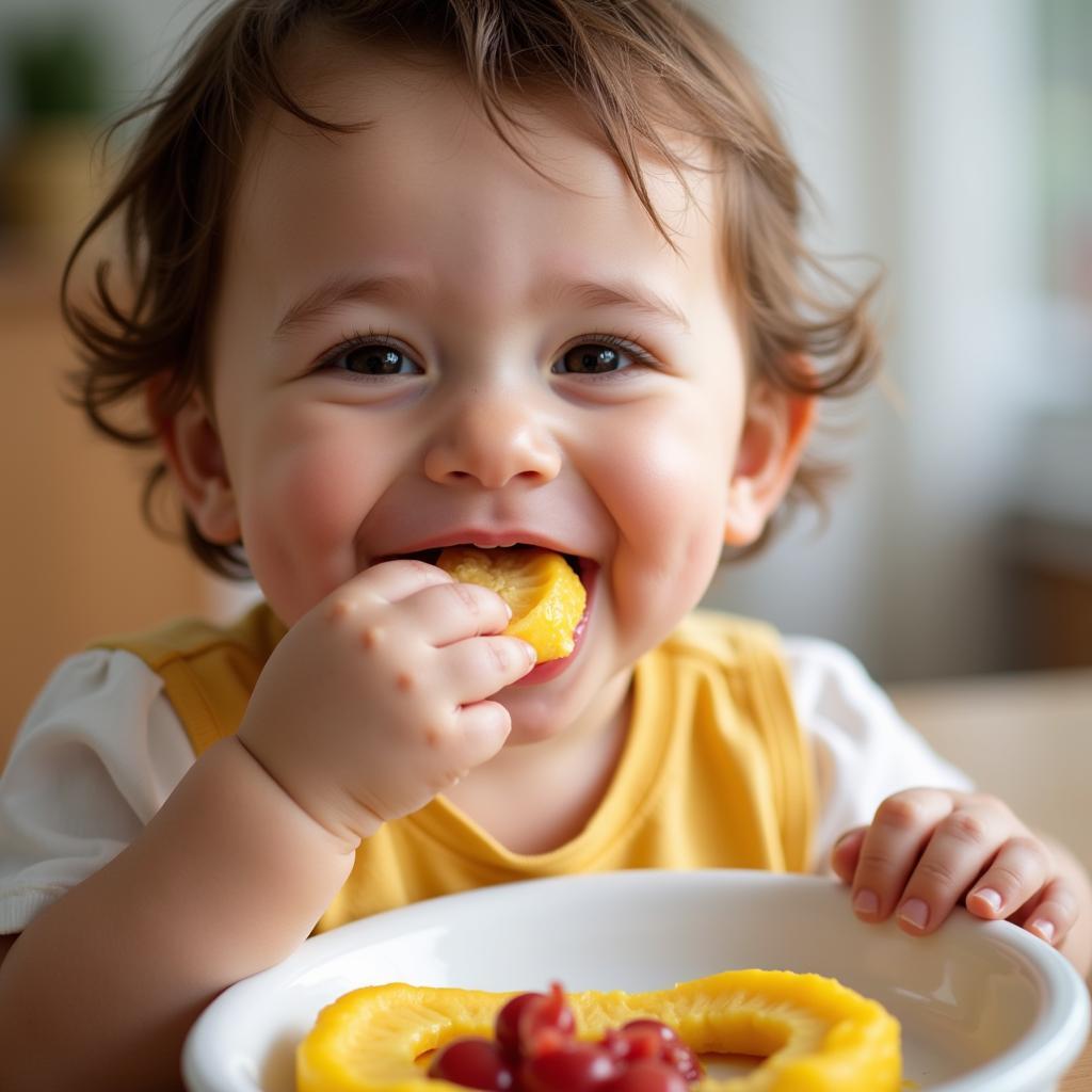 Baby Enjoying a Dairy-Free Snack: A happy baby enjoying a healthy and delicious dairy-free snack.