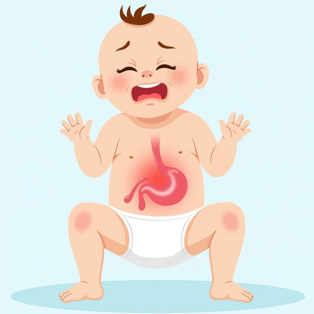 Baby showing common lactose intolerance symptoms like fussiness and gas.