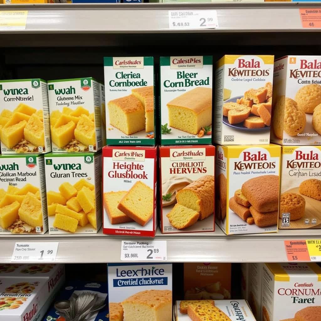 Various gluten-free cornbread mixes displayed on a shelf