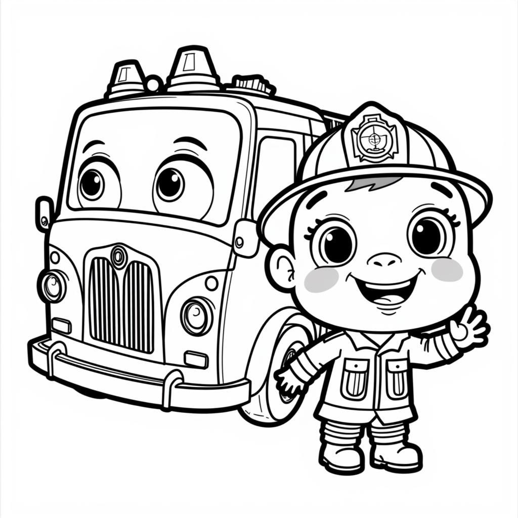 Blippi Firetruck Coloring Sheet: Blippi stands next to a bright red firetruck, wearing his firefighter helmet. Perfect for children interested in firefighting and community helpers.