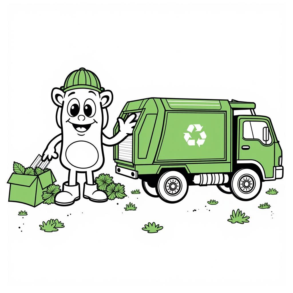 Blippi Garbage Truck Coloring Picture: Blippi collects trash in a green garbage truck, promoting recycling and environmental awareness.