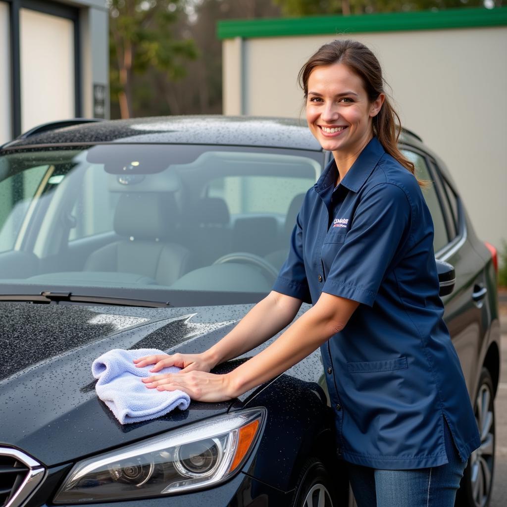 Happy customer using free towels at a car wash