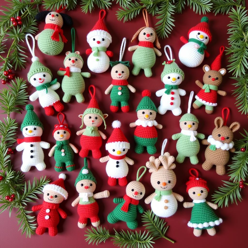 Free Amigurumi Christmas Patterns: A collection of cute crocheted Christmas ornaments, including Santa Claus, reindeer, elves, and Christmas trees.