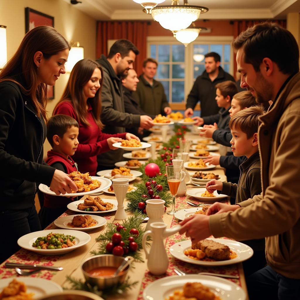 A bustling community Christmas dinner with volunteers serving free meals to families