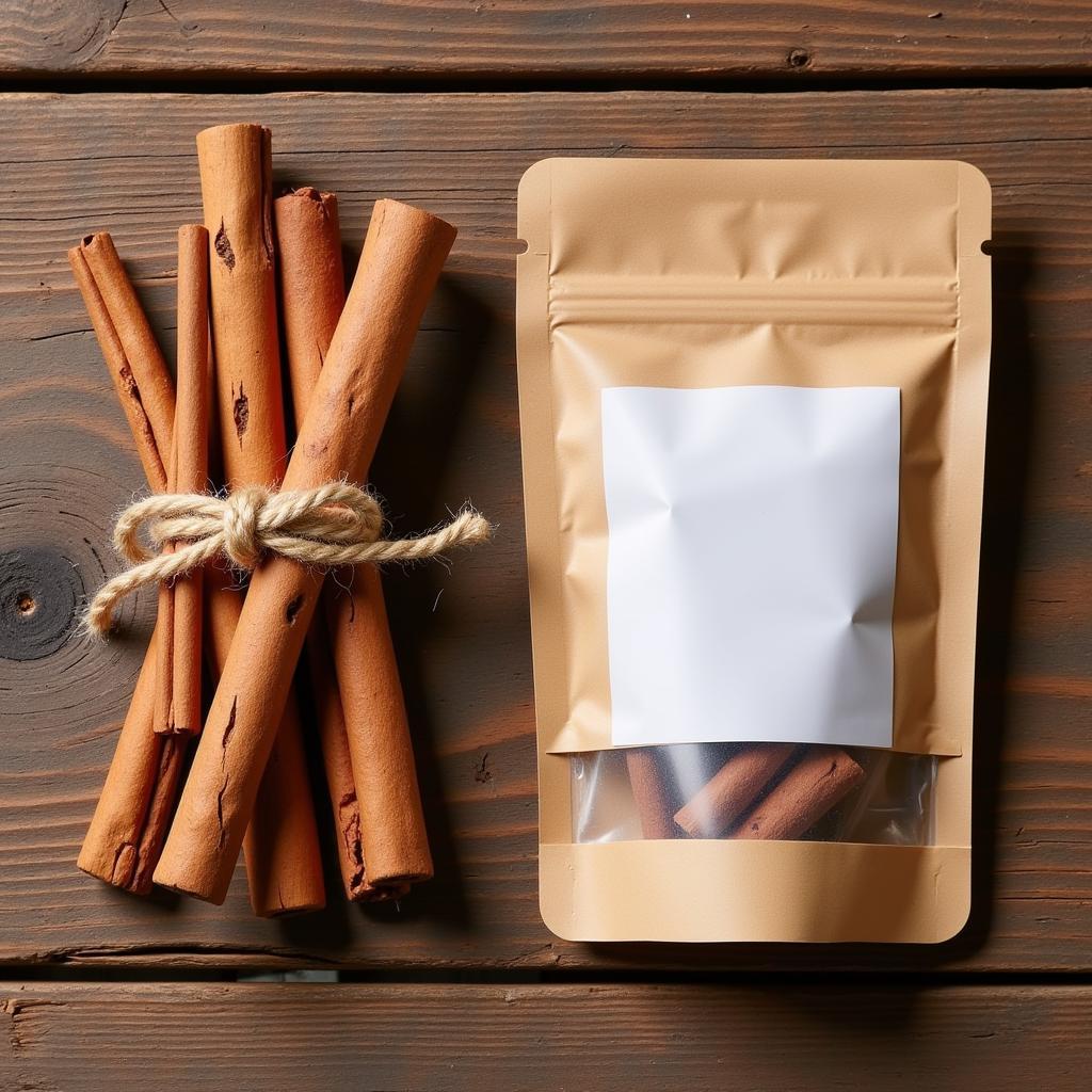 Cinnamon sticks and tea bag on wooden surface