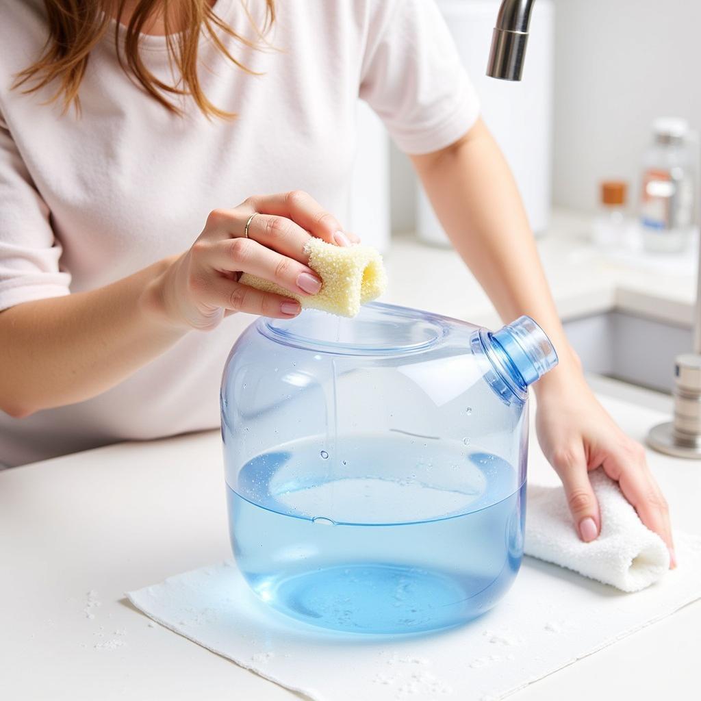 A person cleaning a BPA-free water jug with soap and water.