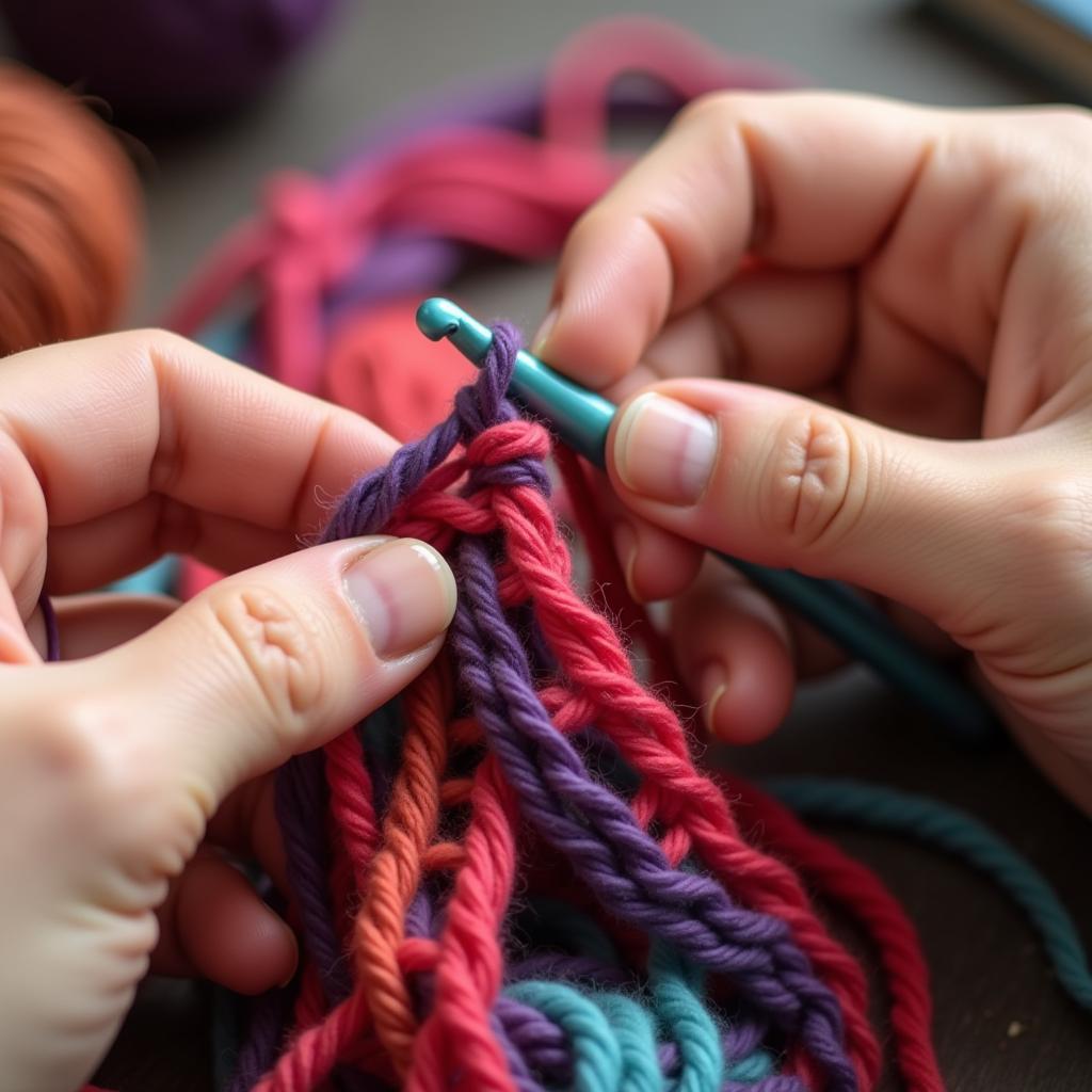 Close-up of Hands Crocheting with Colorful Yarn