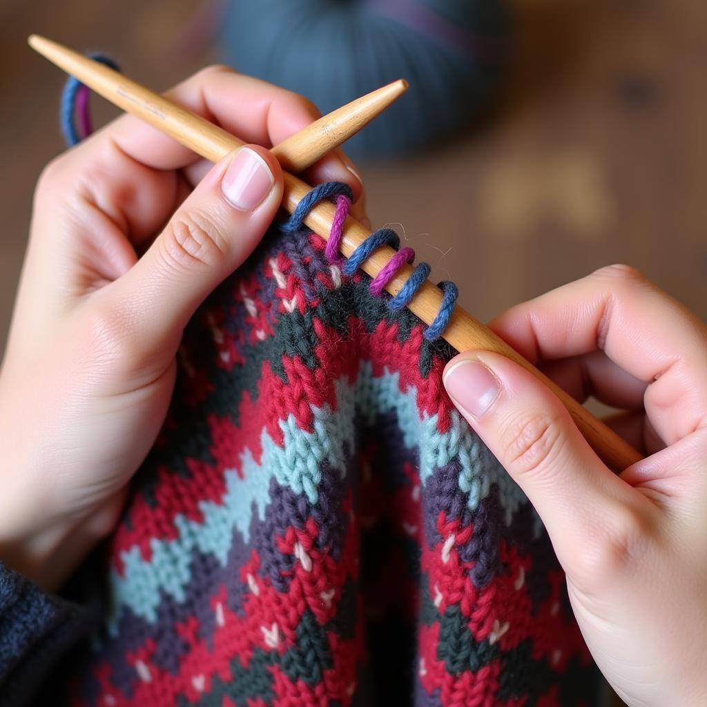 Close-up of hands knitting a Fair Isle pattern