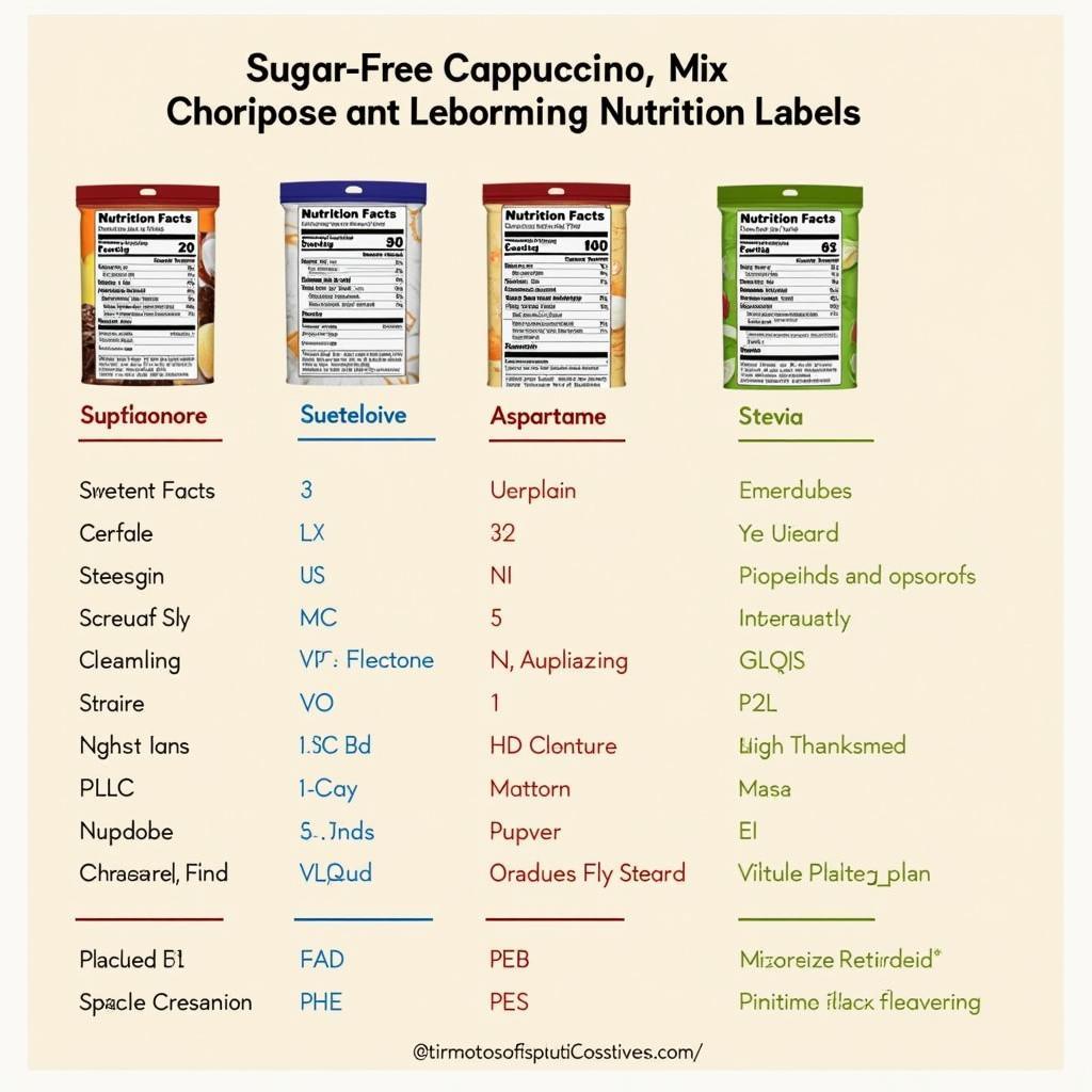 A close-up shot of various sugar free cappuccino mix nutrition labels, highlighting the differences in ingredients and artificial sweeteners used.