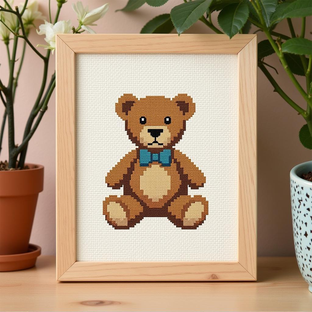 Completed Cross Stitch Teddy Bear in a Frame