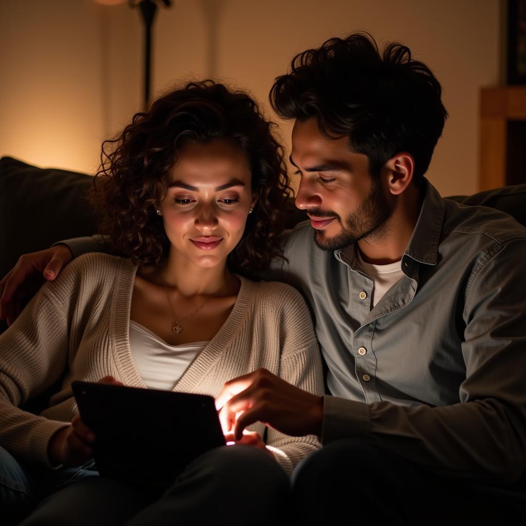 Couple Reading a Contract Marriage Story on a Tablet