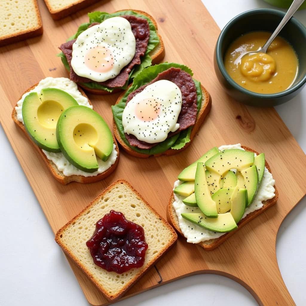 Slices of cottage cheese gluten free bread with various toppings