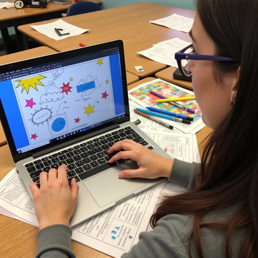 A teacher creating a math mystery picture on a computer