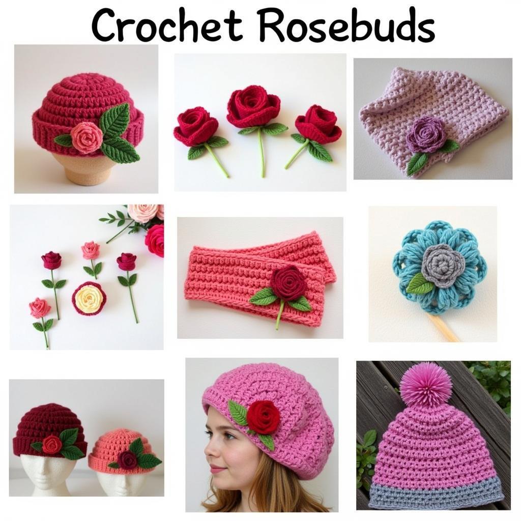 Showcase of Finished Crochet Rosebuds in Various Colors and Styles