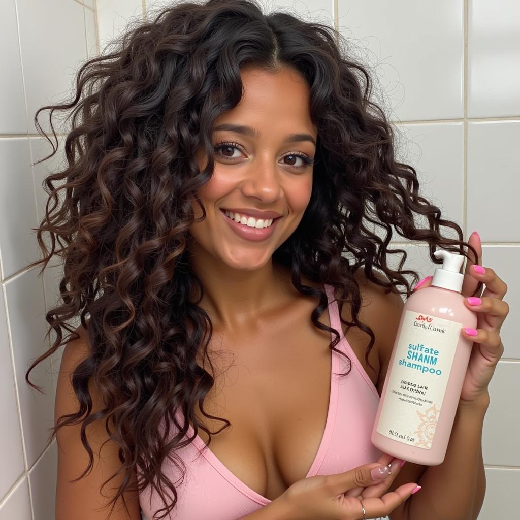 Woman washing curly hair with sulfate-free shampoo