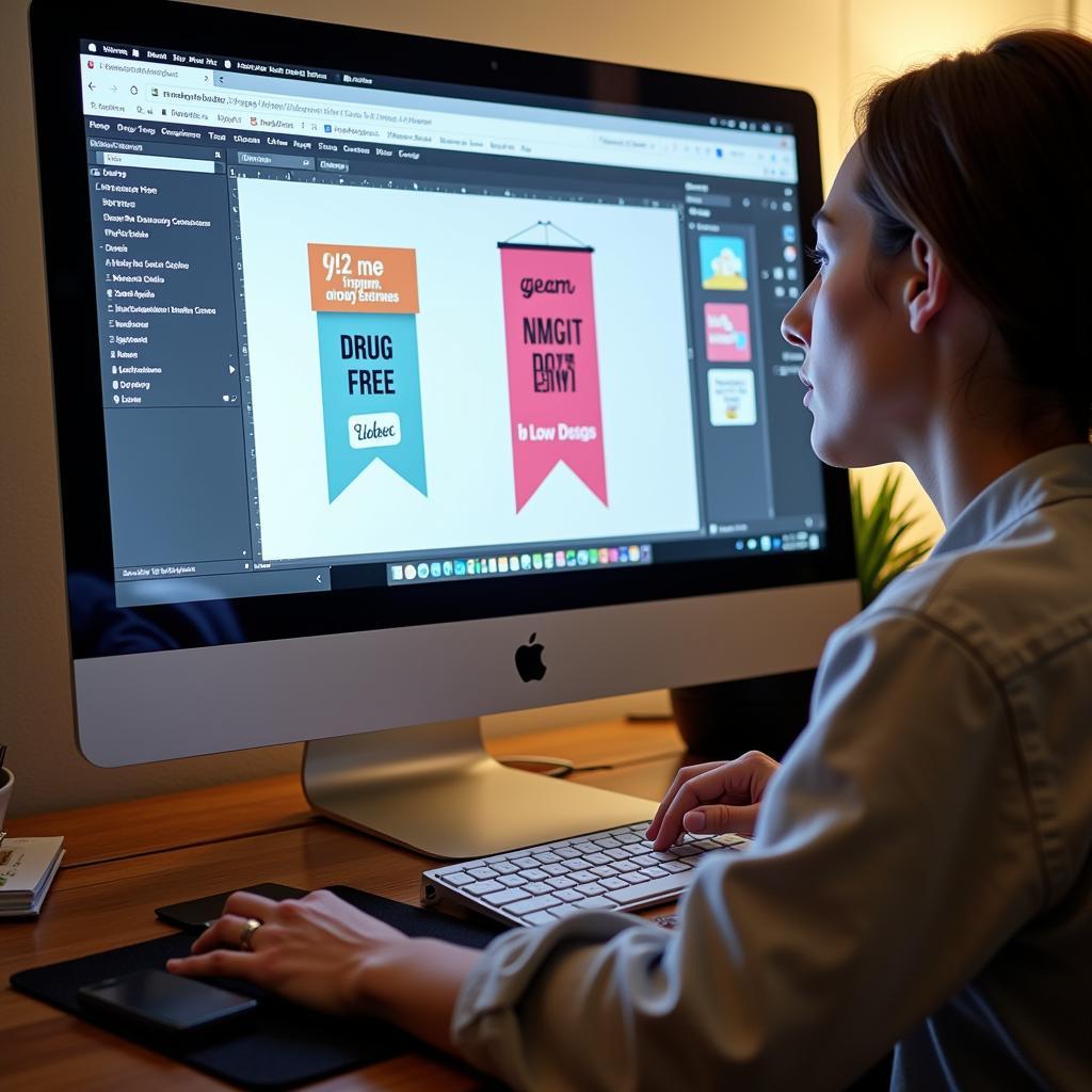 A person designing a custom drug-free banner on a computer, highlighting the ability to personalize messages and create unique designs.