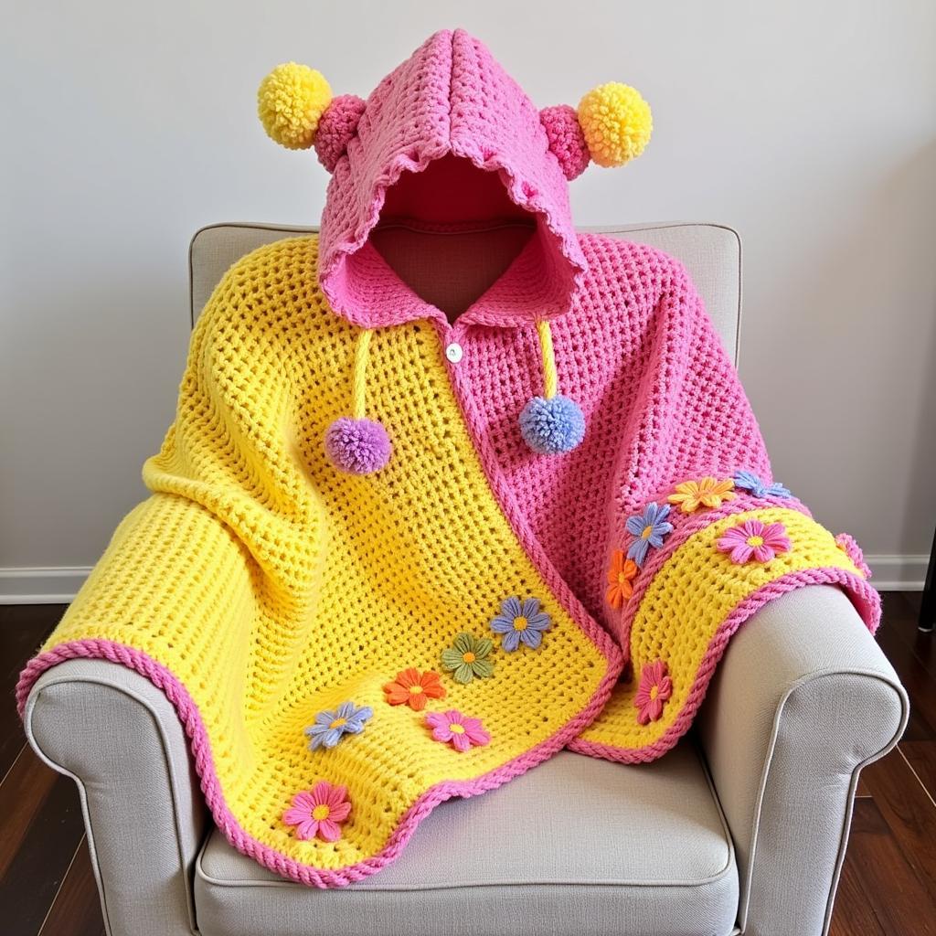 A finished crocheted hooded blanket with personalized details