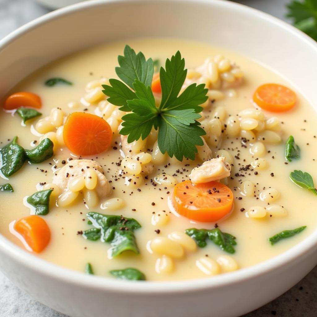 Dairy-Free Chicken and Wild Rice Soup in a Bowl with Garnish