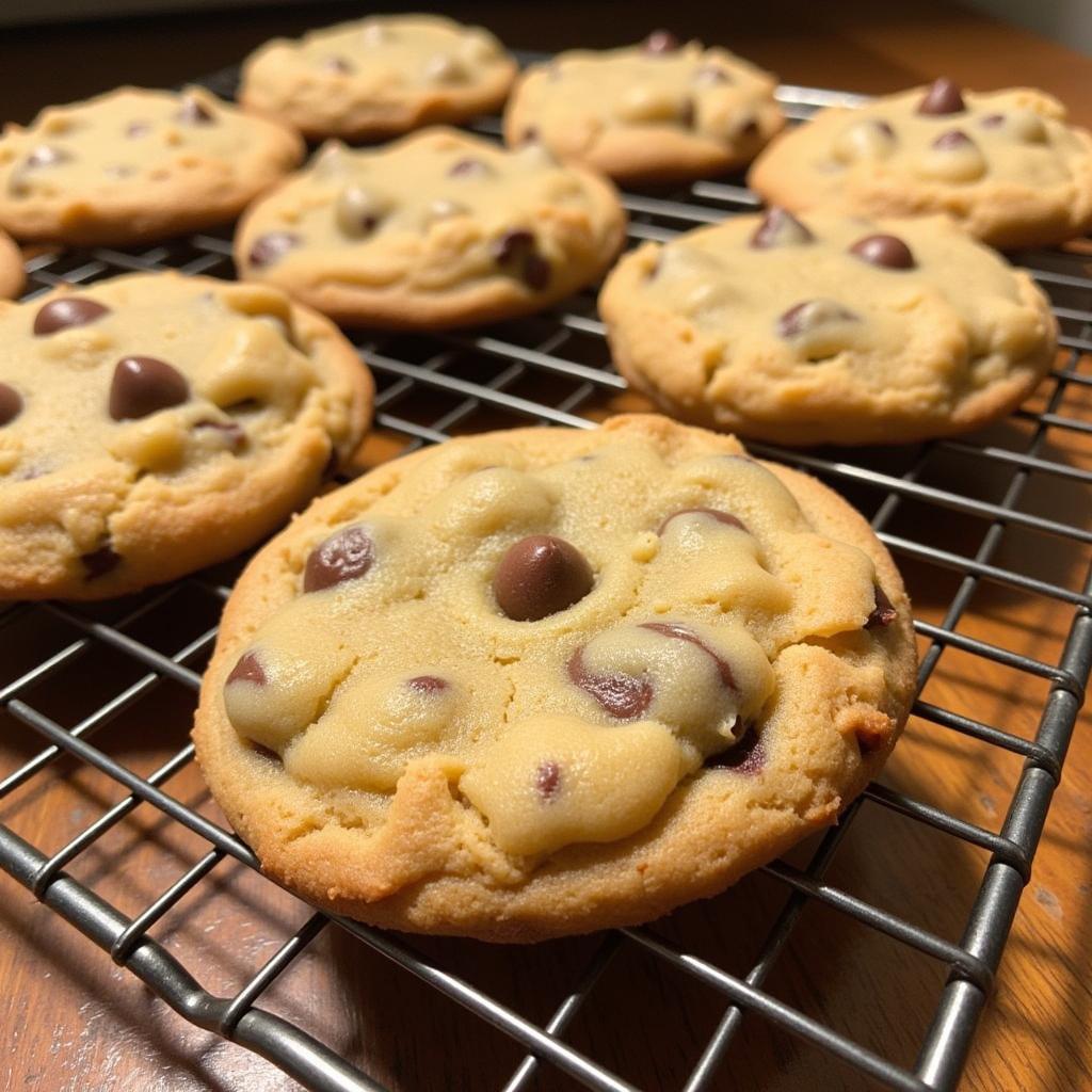 Freshly baked dairy-free chocolate chip cookies on a cooling rack