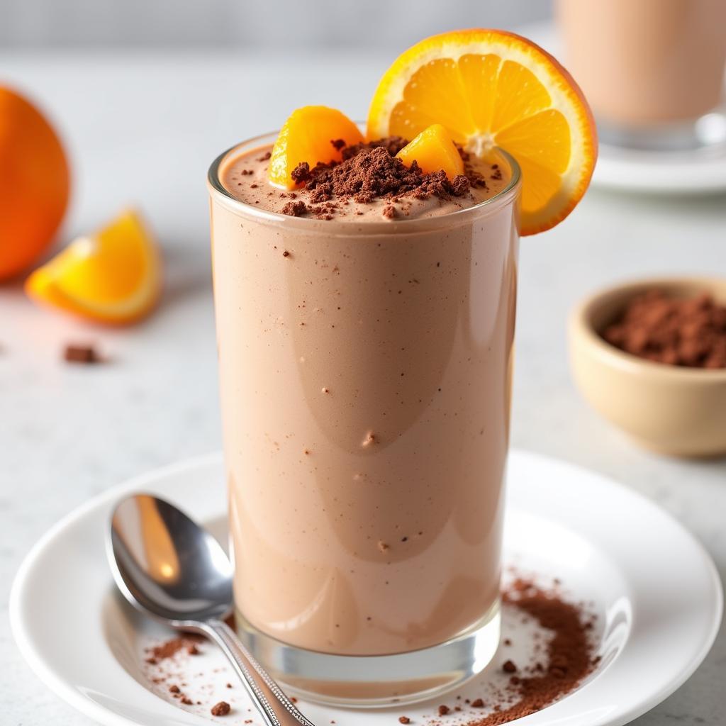 A glass of dairy-free chocolate orange mousse topped with fresh orange segments.